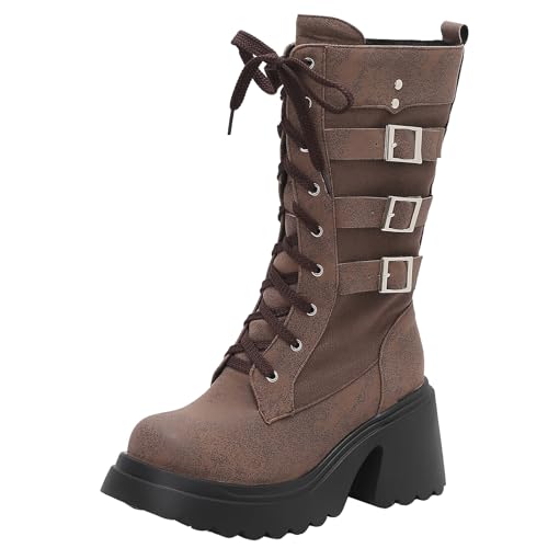 XIEPP Damen Blockabsatz Stiefeletten bis zur Wade, Runde Zehen und Plattform Kampfstiefel, Warme Fütterung, Ideal für Herbst und Winter von XIEPP