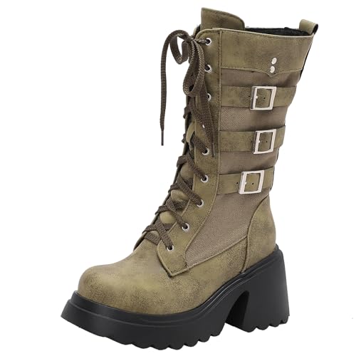XIEPP Damen Blockabsatz Stiefeletten bis zur Wade, Runde Zehen und Plattform Kampfstiefel, Warme Fütterung, Ideal für Herbst und Winter von XIEPP