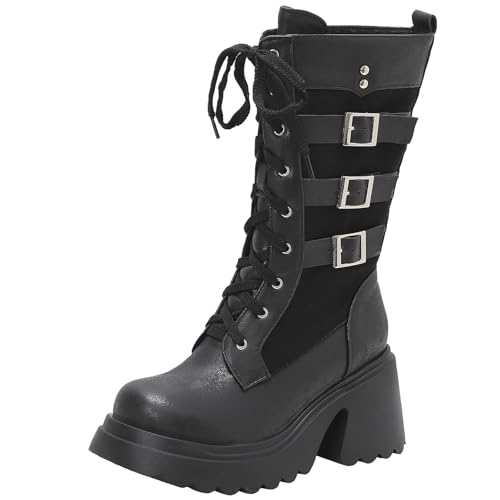 XIEPP Damen Blockabsatz Stiefeletten bis zur Wade, Runde Zehen und Plattform Kampfstiefel, Warme Fütterung, Ideal für Herbst und Winter von XIEPP