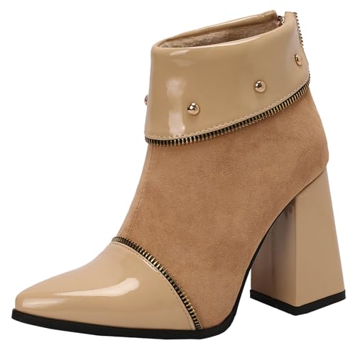 XIEPP Damen Blockabsatz-Stiefeletten mit Reißverschluss, Spitztoe-Kurzstiefel – perfekt für Büro- und Party-Outfits von XIEPP