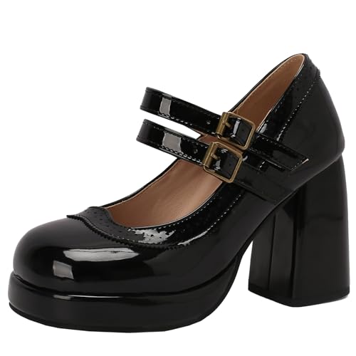 XIEPP Damen Double Straps Pumps High Klobiger Absatz Mary Jane Schuhe mit Dickem Plateau und Runder Spitze XIEPP Damen Double Straps Pumps High Klobiger Absatz Mary Jane Schuhe mit Dickem Plateau und Runder Spitze von XIEPP
