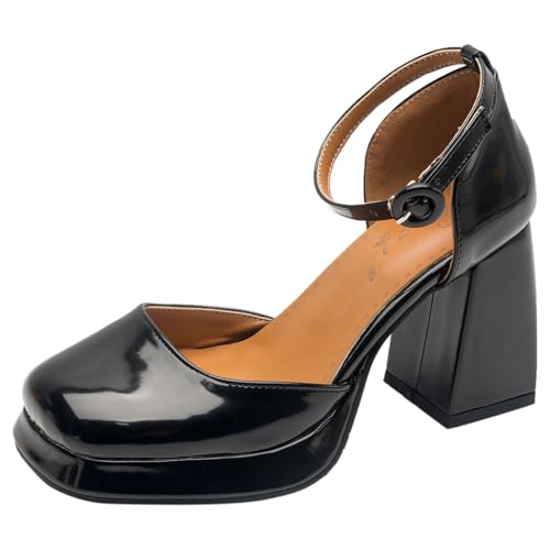 XIEPP Damen Einfarbig Klobiger Absatz Quadratische Zehenpartie Sandalen Plateau Kleid Schuhe mit Knöchelschnalle XIEPP Damen Einfarbig Klobiger Absatz Quadratische Zehenpartie Sandalen Plateau Kleid Schuhe mit Knöchelschnalle von XIEPP