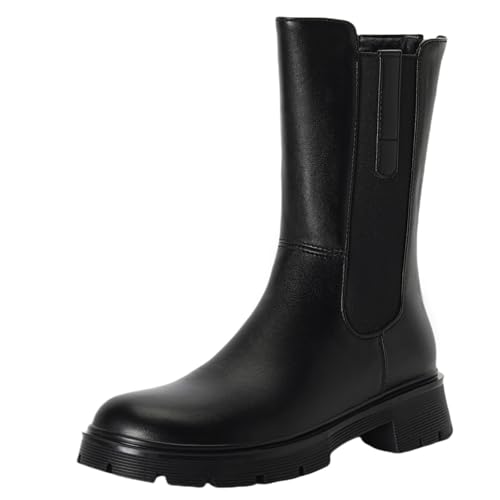 XIEPP Damen Elastik-Stiefeletten für Herbst und Winter, Blockabsatz Rundtoe, Reißverschluss Plateau Kurzstiefel von XIEPP