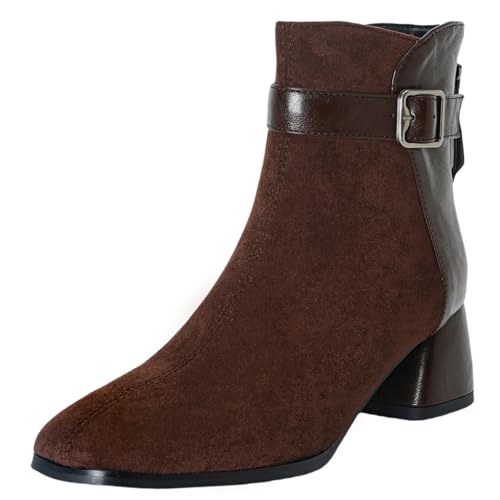 XIEPP Damen Elegante Patchwork-Obermaterial-Stiefeletten mit Quadrattoe, Blockabsatz Kurze Stiefel mit Reißverschluss von XIEPP