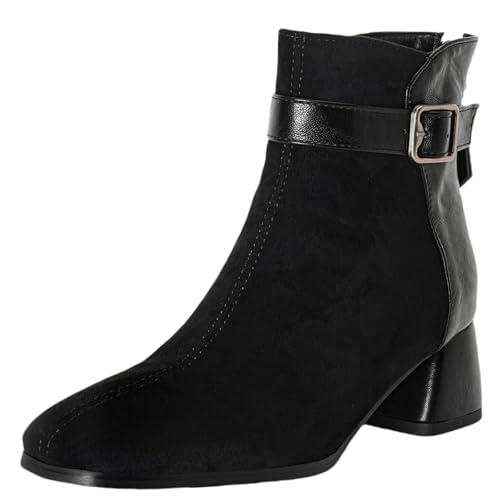 XIEPP Damen Elegante Patchwork-Obermaterial-Stiefeletten mit Quadrattoe, Blockabsatz Kurze Stiefel mit Reißverschluss von XIEPP