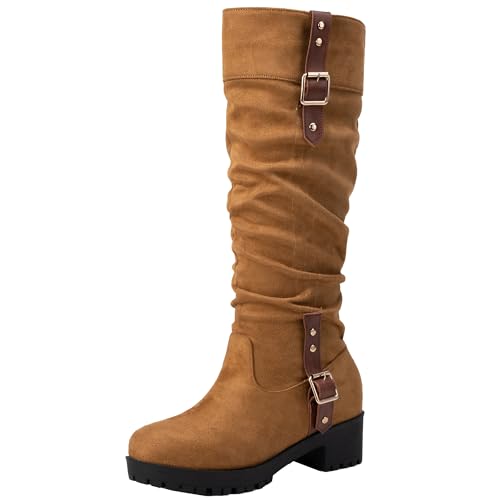 XIEPP Damen Freizeit Kniehohe Stiefel mit Blockabsatz Bikerstiefel mit Runder Zehenpartie und Slipper von XIEPP