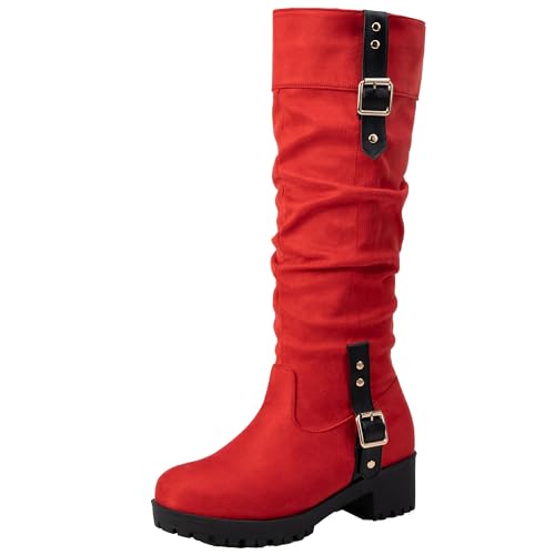 XIEPP Damen Freizeit Kniehohe Stiefel mit Blockabsatz Bikerstiefel mit Runder Zehenpartie und Slipper von XIEPP