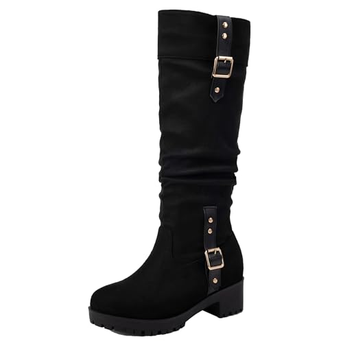 XIEPP Damen Freizeit Kniehohe Stiefel mit Blockabsatz Bikerstiefel mit Runder Zehenpartie und Slipper von XIEPP