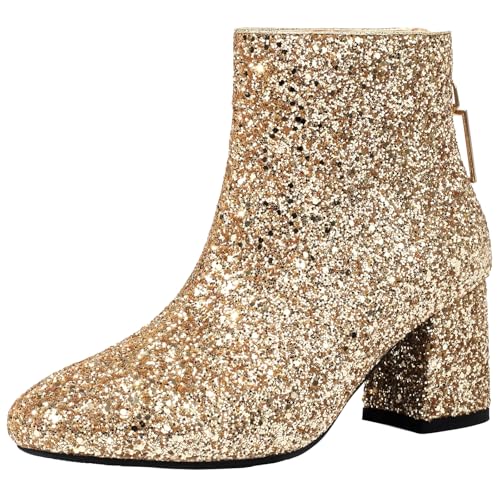 XIEPP Damen Glitzer Klobiger Absatz Stiefeletten Paillettenstiefeletten Reißverschluss Kurze Stiefel XIEPP Damen Glitzer Klobiger Absatz Stiefeletten Paillettenstiefeletten Reißverschluss Kurze Stiefel von XIEPP
