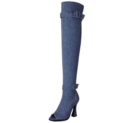 XIEPP Damen High Heel Overknee Stiefel Atmungsaktive offene Zehen Lange Stiefel mit Reißverschluss von XIEPP