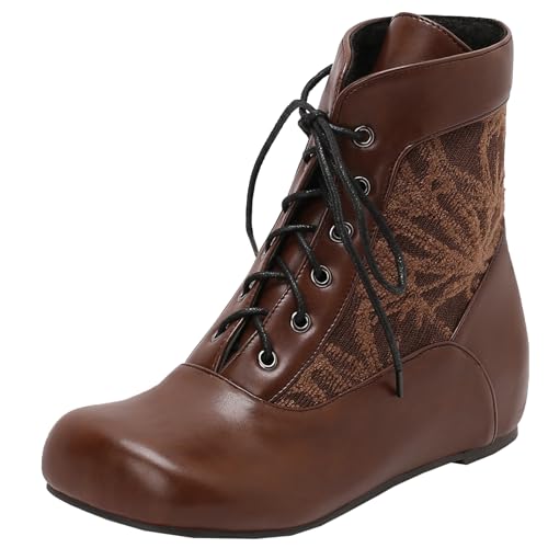 XIEPP Damen Keilabsatz Bestickte Knöchelstiefel, Schnürung vorne Flachabsatz Stiefel von XIEPP