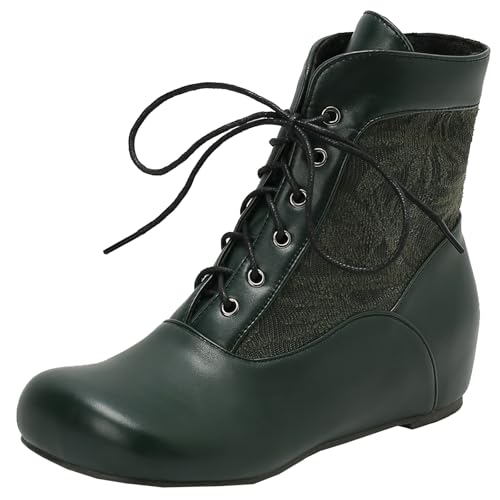 XIEPP Damen Keilabsatz Bestickte Knöchelstiefel, Schnürung vorne Flachabsatz Stiefel von XIEPP