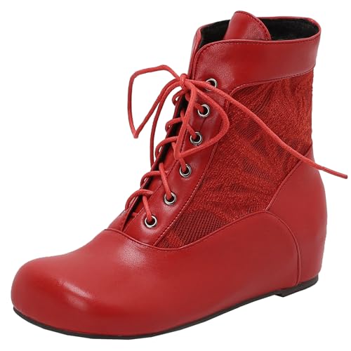 XIEPP Damen Keilabsatz Bestickte Knöchelstiefel, Schnürung vorne Flachabsatz Stiefel von XIEPP
