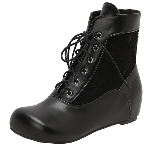 XIEPP Damen Keilabsatz Bestickte Knöchelstiefel, Schnürung vorne Flachabsatz Stiefel von XIEPP