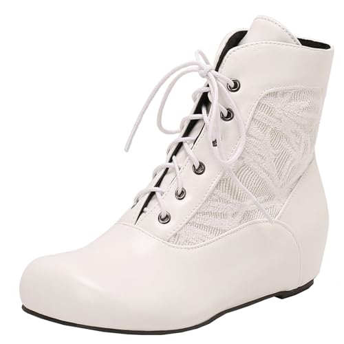 XIEPP Damen Keilabsatz Bestickte Knöchelstiefel, Schnürung vorne Flachabsatz Stiefel von XIEPP
