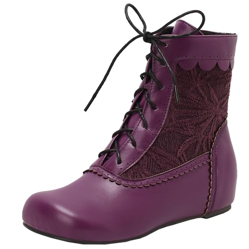 XIEPP Damen Keilabsatz Bestickte Knöchelstiefel Mit Schnürung Kurze Stiefel Strahlen Eleganz Aus von XIEPP