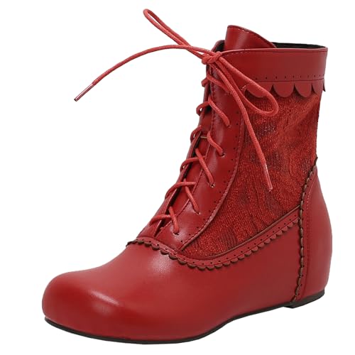 XIEPP Damen Keilabsatz Bestickte Knöchelstiefel Mit Schnürung Kurze Stiefel Strahlen Eleganz Aus von XIEPP