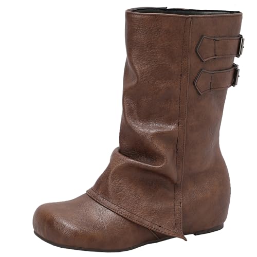 XIEPP Damen Keilabsatz Stiefel, Runde Zehen Stiefeletten zum Hineinschlüpfen von XIEPP