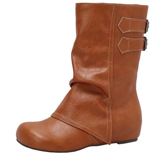 XIEPP Damen Keilabsatz Stiefel, Runde Zehen Stiefeletten zum Hineinschlüpfen von XIEPP