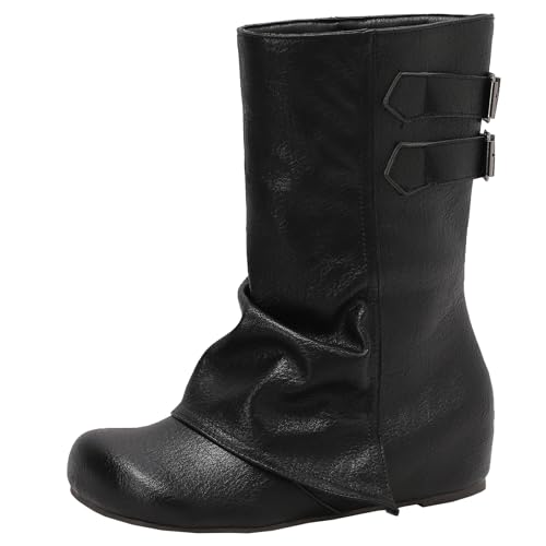 XIEPP Damen Keilabsatz Stiefel, Runde Zehen Stiefeletten zum Hineinschlüpfen von XIEPP