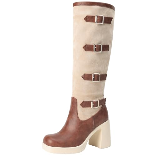 XIEPP Damen Klobiger Absatz Kniehohe Stiefel Slip On Bikerstiefel mit Metallschnalle von XIEPP