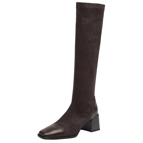 XIEPP Damen Kniehohe Reitstiefel mit Blockabsatz, Quadratische Zehenpartie, Slip-on, Einfarbige Hohe Stiefel von XIEPP