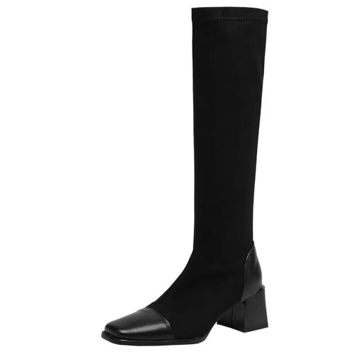 XIEPP Damen Kniehohe Reitstiefel mit Blockabsatz, Quadratische Zehenpartie, Slip-on, Einfarbige Hohe Stiefel von XIEPP