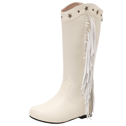 XIEPP Damen Kniehohe Stiefel mit Quaste mit Reißverschluss und Keilabsatz lange Stiefel für Herbst und Winter von XIEPP