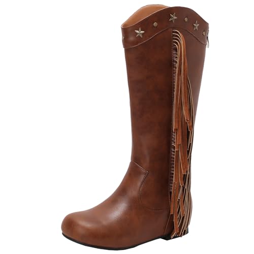 XIEPP Damen Kniehohe Stiefel mit Quaste mit Reißverschluss und Keilabsatz lange Stiefel für Herbst und Winter von XIEPP