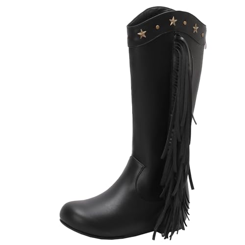 XIEPP Damen Kniehohe Stiefel mit Quaste mit Reißverschluss und Keilabsatz lange Stiefel für Herbst und Winter von XIEPP