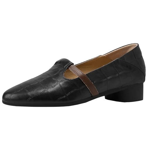 XIEPP Damen Leder Pumps mit Blockabsatz Mary Jane Schuhe mit Runder Zehenpartie und Slip On von XIEPP