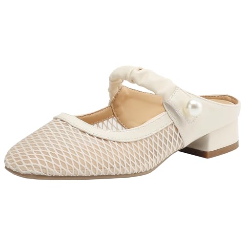 XIEPP Damen Mesh Slides Lässige Sandalen mit Quadratischer Zehenpartie und Niedrigem Blockabsatz zum Hineinschlüpfen von XIEPP
