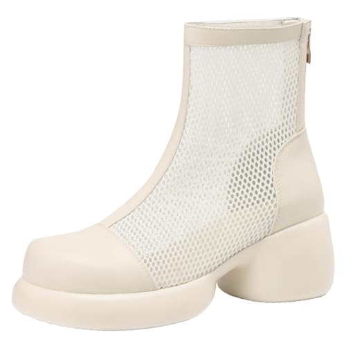 XIEPP Damen Mesh Stiefeletten Klobiger Heel Runde Zehe Stiefeletten Reißverschluss Mode Plattform von XIEPP