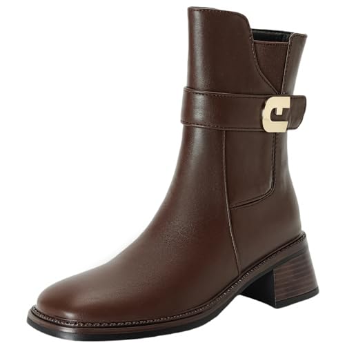 XIEPP Damen Minimalistische Blockabsatz-Stiefeletten für Herbst und Winter, Casual-Quadrattoe-Kurzstiefel für Täglichen Gebrauch von XIEPP