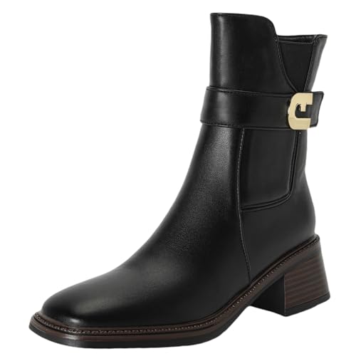 XIEPP Damen Minimalistische Blockabsatz-Stiefeletten für Herbst und Winter, Casual-Quadrattoe-Kurzstiefel für Täglichen Gebrauch von XIEPP