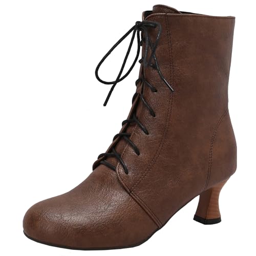 XIEPP Damen Minimalistische Mittlerer Blockabsatz Stiefeletten mit Schnürung, Legere Runde Zehenkurze Stiefel für den Täglichen Gebrauch von XIEPP