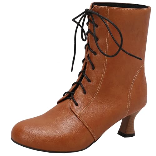 XIEPP Damen Minimalistische Mittlerer Blockabsatz Stiefeletten mit Schnürung, Legere Runde Zehenkurze Stiefel für den Täglichen Gebrauch von XIEPP