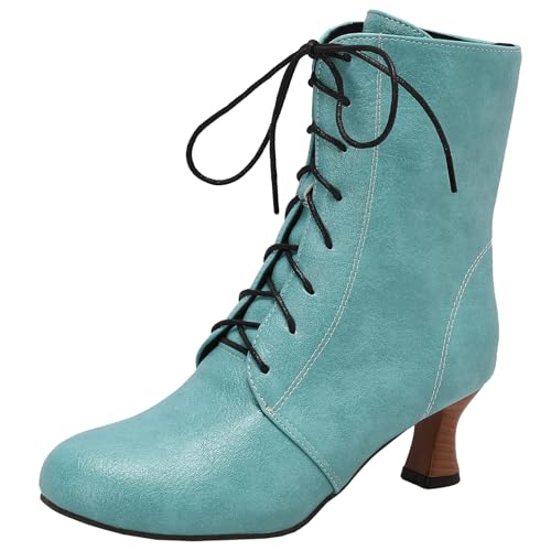 XIEPP Damen Minimalistische Mittlerer Blockabsatz Stiefeletten mit Schnürung, Legere Runde Zehenkurze Stiefel für den Täglichen Gebrauch von XIEPP