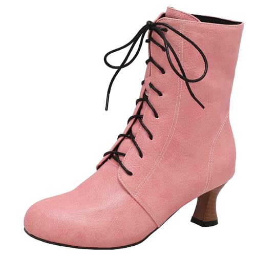 XIEPP Damen Minimalistische Mittlerer Blockabsatz Stiefeletten mit Schnürung, Legere Runde Zehenkurze Stiefel für den Täglichen Gebrauch von XIEPP