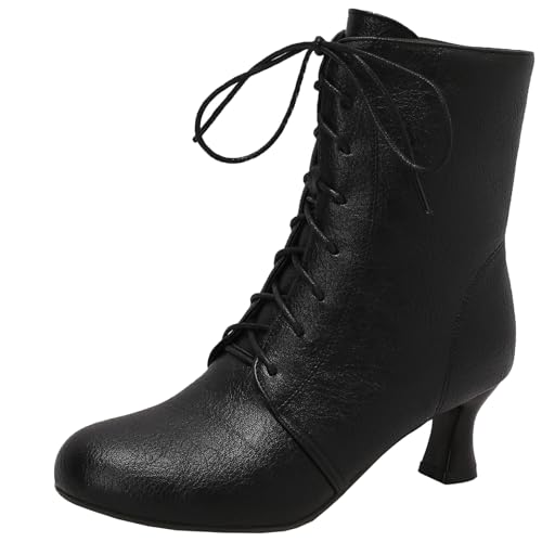 XIEPP Damen Minimalistische Mittlerer Blockabsatz Stiefeletten mit Schnürung, Legere Runde Zehenkurze Stiefel für den Täglichen Gebrauch von XIEPP