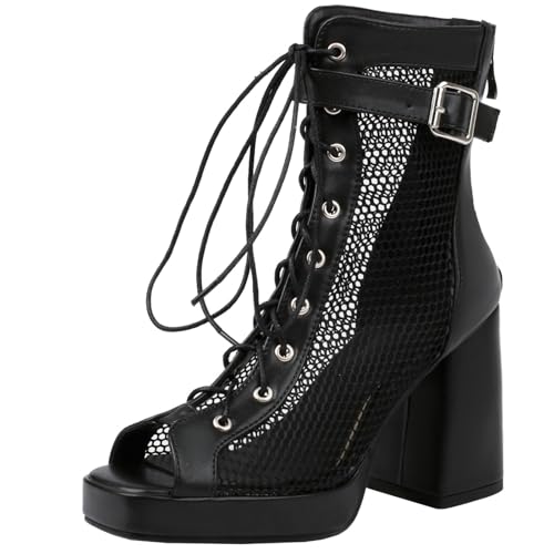 XIEPP Damen Mode Peep Toe Mesh Stiefel Schnürung Sommer Stiefeletten Reißverschluss Stiefeletten von XIEPP