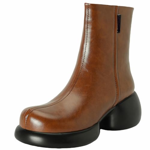 XIEPP Damen Modische Blockabsatz-Stiefeletten, Seitenreißverschluss-Design-Kurze Stiefel für Herbst und Winter von XIEPP