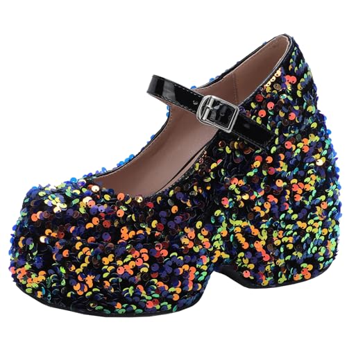 XIEPP Damen Pailletten Mary Jane Schuhe Pumps mit Keilabsatz und Schnallenverschluss XIEPP Damen Pailletten Mary Jane Schuhe Pumps mit Keilabsatz und Schnallenverschluss von XIEPP