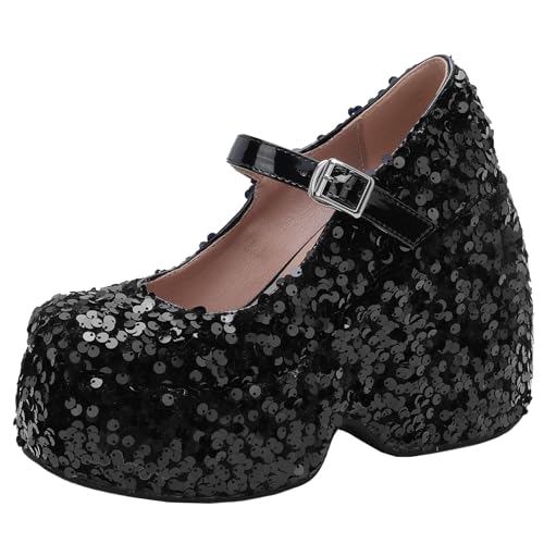 XIEPP Damen Pailletten Mary Jane Schuhe Pumps mit Keilabsatz und Schnallenverschluss XIEPP Damen Pailletten Mary Jane Schuhe Pumps mit Keilabsatz und Schnallenverschluss von XIEPP