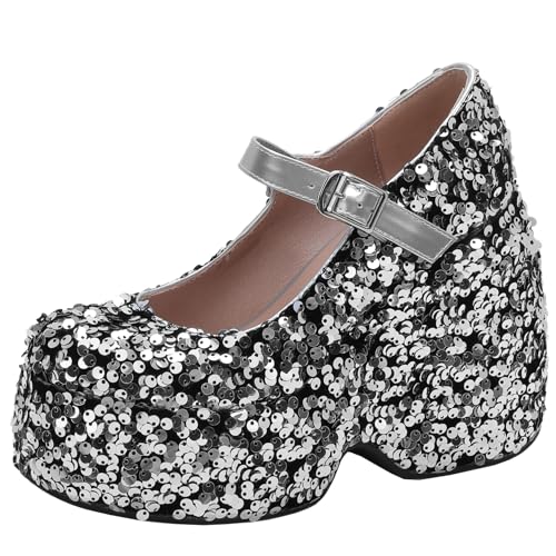 XIEPP Damen Pailletten Mary Jane Schuhe Pumps mit Keilabsatz und Schnallenverschluss XIEPP Damen Pailletten Mary Jane Schuhe Pumps mit Keilabsatz und Schnallenverschluss von XIEPP