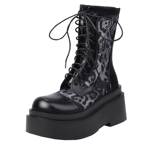 XIEPP Damen Plateau-Kampfstiefel mit Runder Zehe Sommer Atmungsaktive Stiefeletten mit Mesh-Print mit Reißverschluss und Schnürsenkeln von XIEPP
