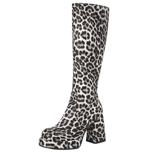 XIEPP Damen Plateau Lange Stiefel Kniehohe Stiefel mit Blockabsatz und Runder Spitze und Reißverschluss von XIEPP