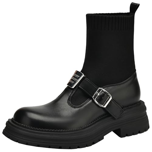 XIEPP Damen Plateau Stiefeletten Runde Zehen Kurze Stiefel mit Slip On und Elastischem Schaft von XIEPP