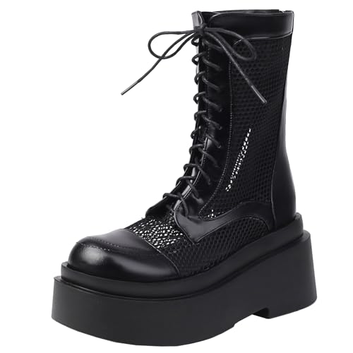 XIEPP Damen Plateau Stiefeletten Sommer Atmungsaktive Mesh Stiefel mit Reißverschluss und Schnürsenkeln von XIEPP