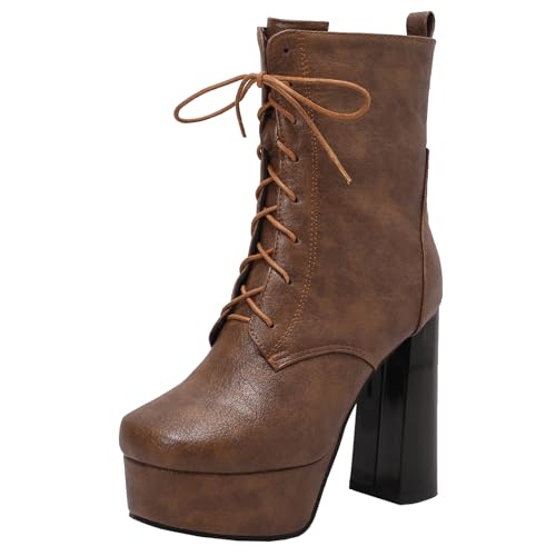 XIEPP Damen Plateau-Stiefeletten für Herbst und Winter, Rundtoe-Blockabsatz, Reißverschluss-Kampfstiefel mit Schnürung von XIEPP